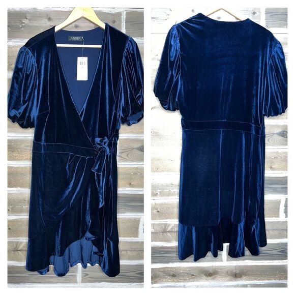 Lauren Ralph Lauren NWT crushed Valore Velvet navy blue wrap dress sz 16 - Picture 3 of 9
